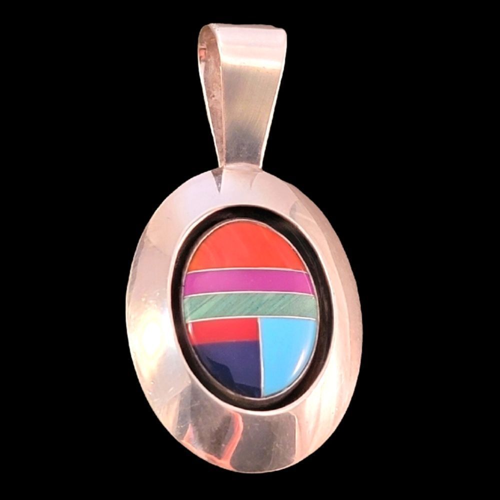 Navajo Willie Saiz Inlaid Multi-Stone Sterling Large Oval Pendant